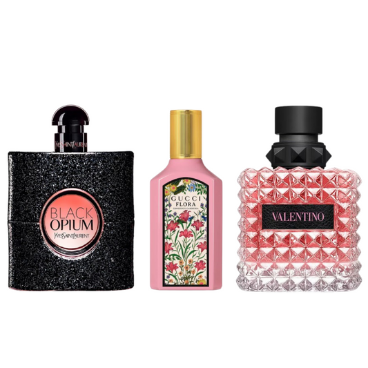 Coffret Élégance Contemporaine – Flora Gorgeous Gardenia de Gucci, Black Opium de Yves Saint Laurent et Donna Born in Roma de Valentino [100 ml]